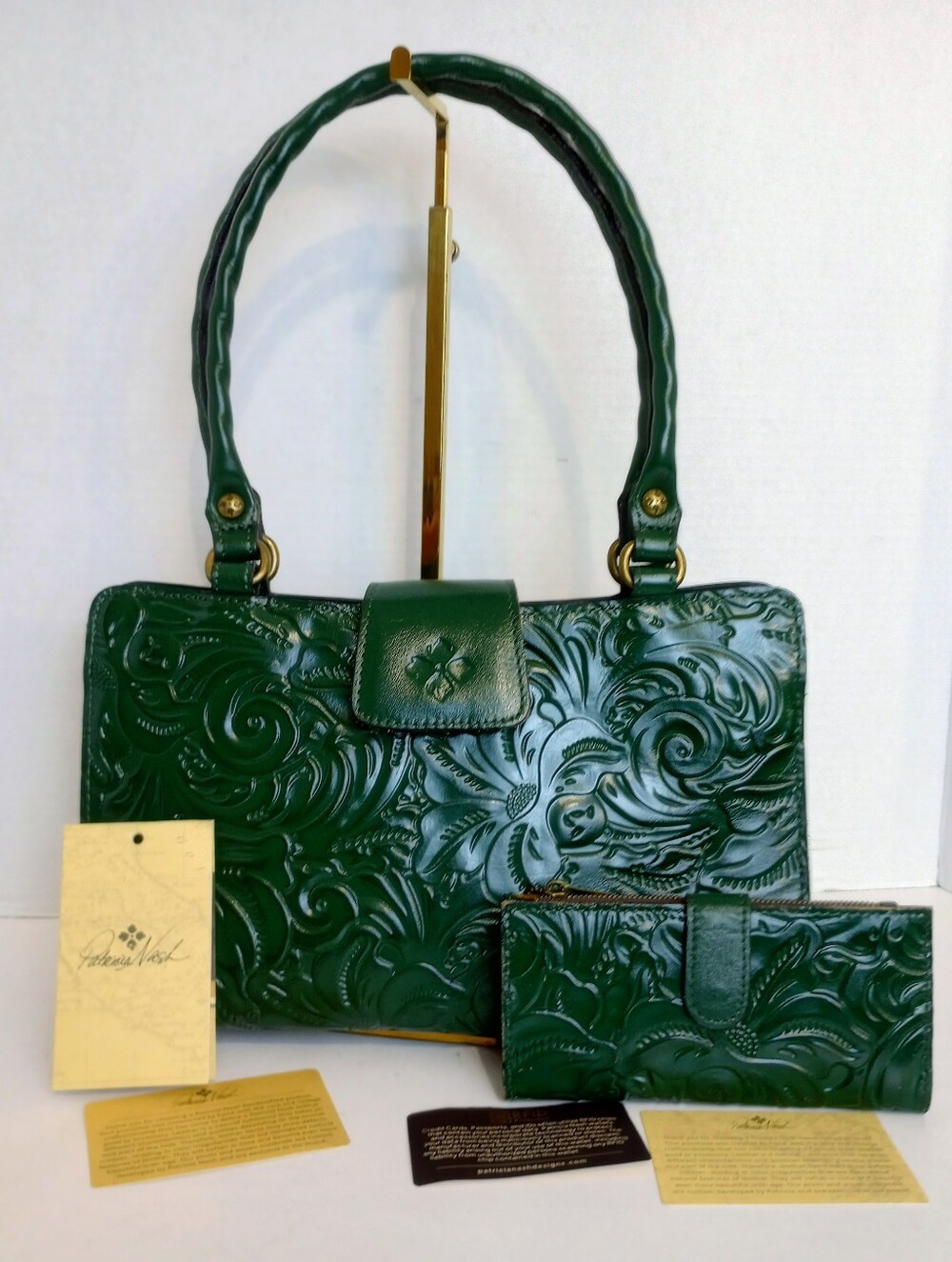 Patricia Nash Green Tooled Leather Rienzo Shoulder Bag And Matching Wallet
